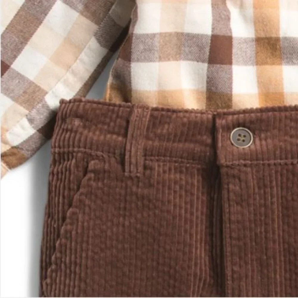 NWT MAX STUDIO Boys 3pc Plaid Shacket Top and Corduroy Pants Set